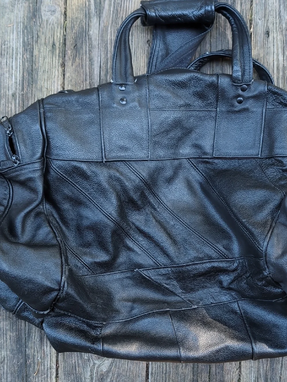 Vintage Black Leather Heavy Duty Duffel Tote Bag